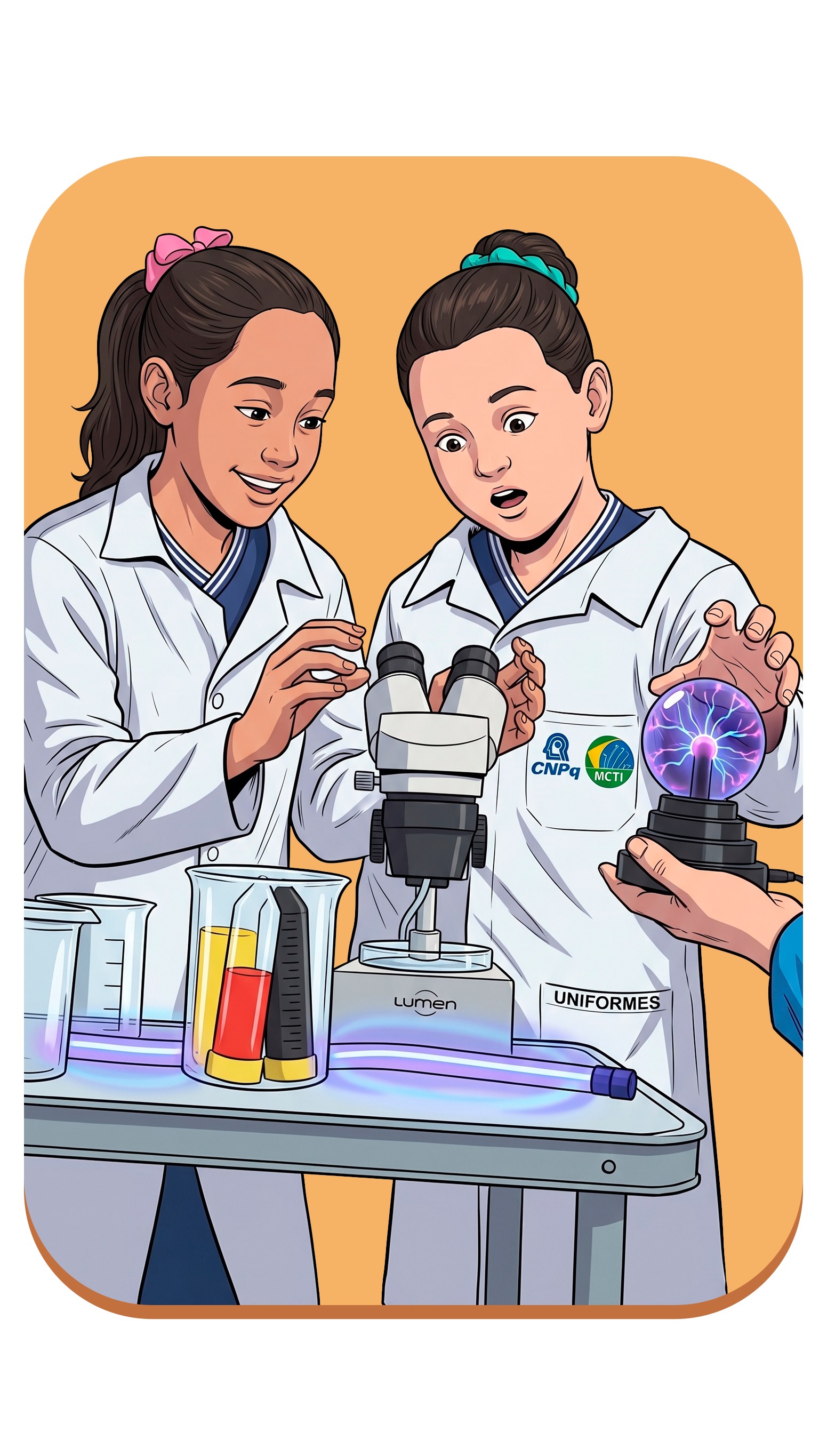 Ilustração de um educador do programa apresentando ciência aos alunos